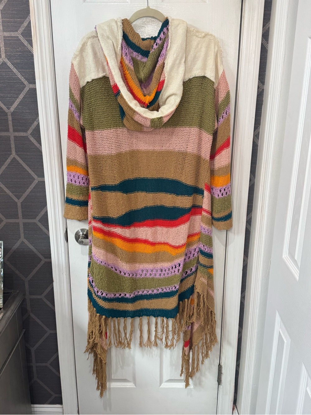 πππ Free People Bohemian Multi Stripe Hooded Fringe Cardigan Sweater Poncho πππ - Picture 11 of 11